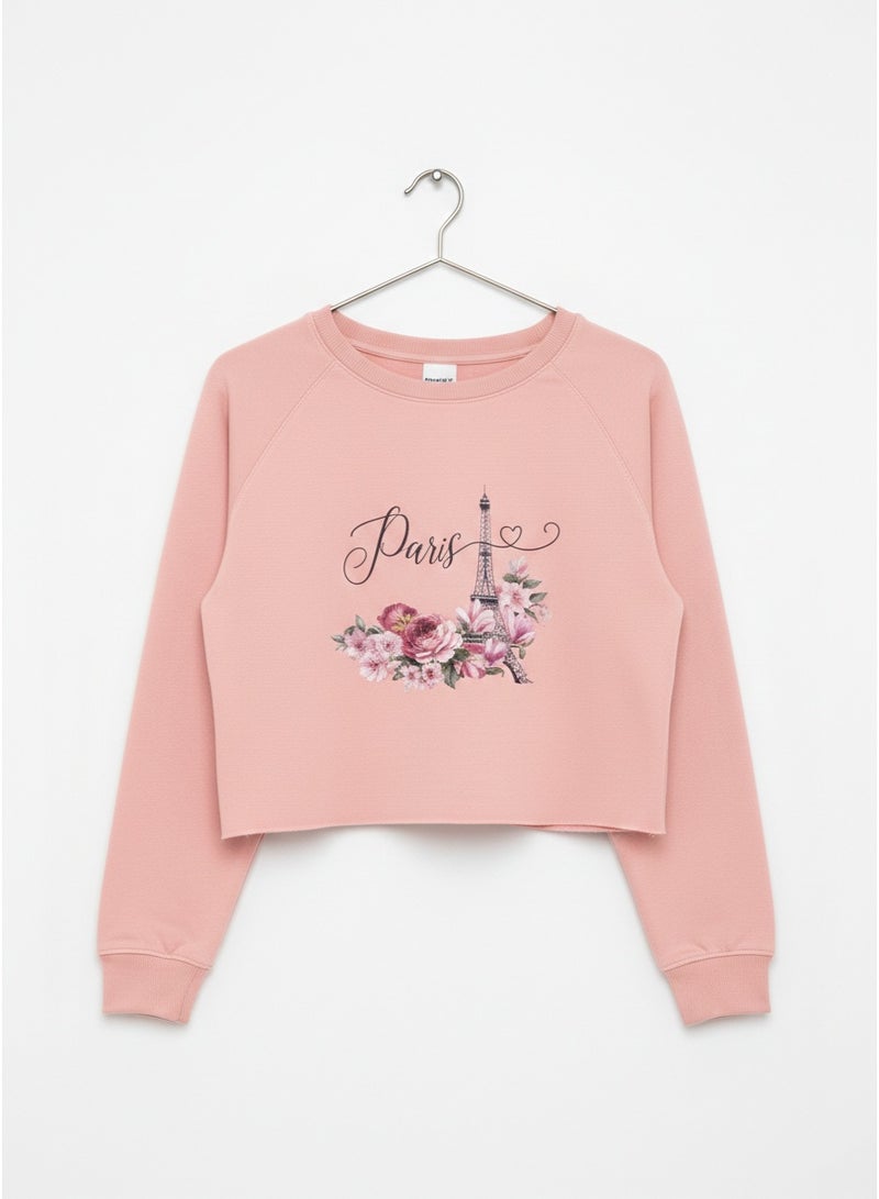 U.S Apparel Women’s Graphic Cropped Sweatshirt – Soft Cotton Blend Paris Print, Pink Sweatshirt - Image 2